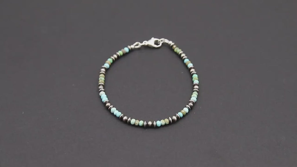 Blue Turquoise Beaded Gemstone Bracelet, 925 Sterling Silver Turquoise Beaded Bracelet, Navajo Pearl Oxidized Handmade Stacking Bracelet