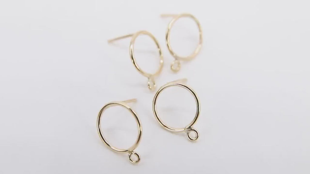 14 K Gold Hoop Stud Earrings, 7 mm High Quality 10 mm Round Ring Stud Post Findings #2749, 1 Closed Loop Minimalist Ring Loops