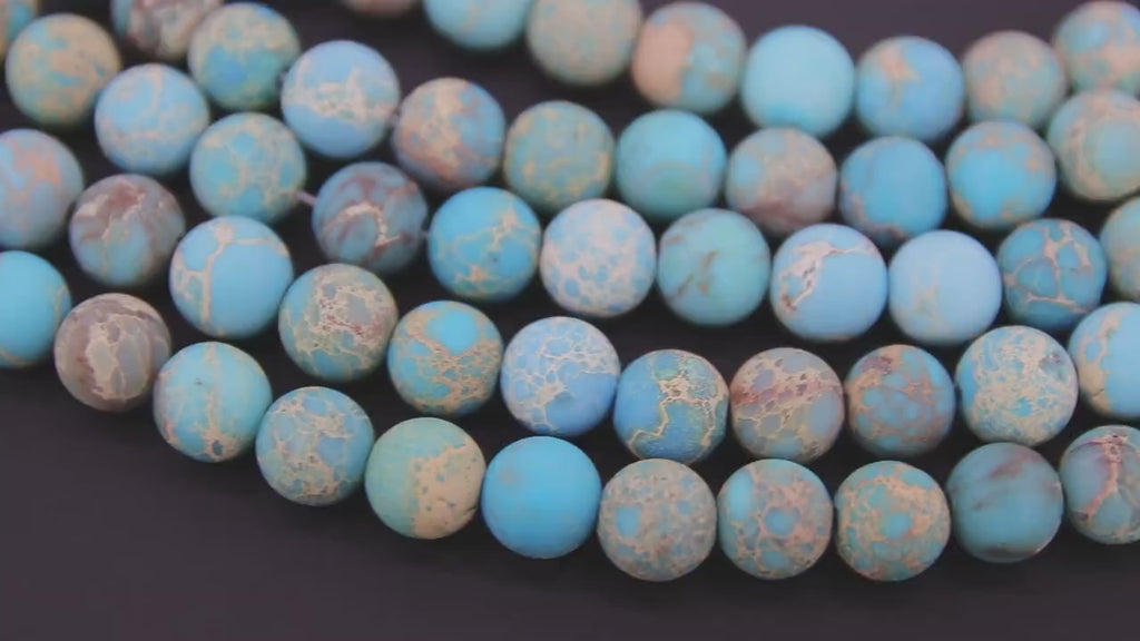 Natural Imperial Matte Blue Turquoise Jasper Beads, Frosted Sea Sediment Round Beige Beads BS #32, size 8mm 15 in FULL Strands