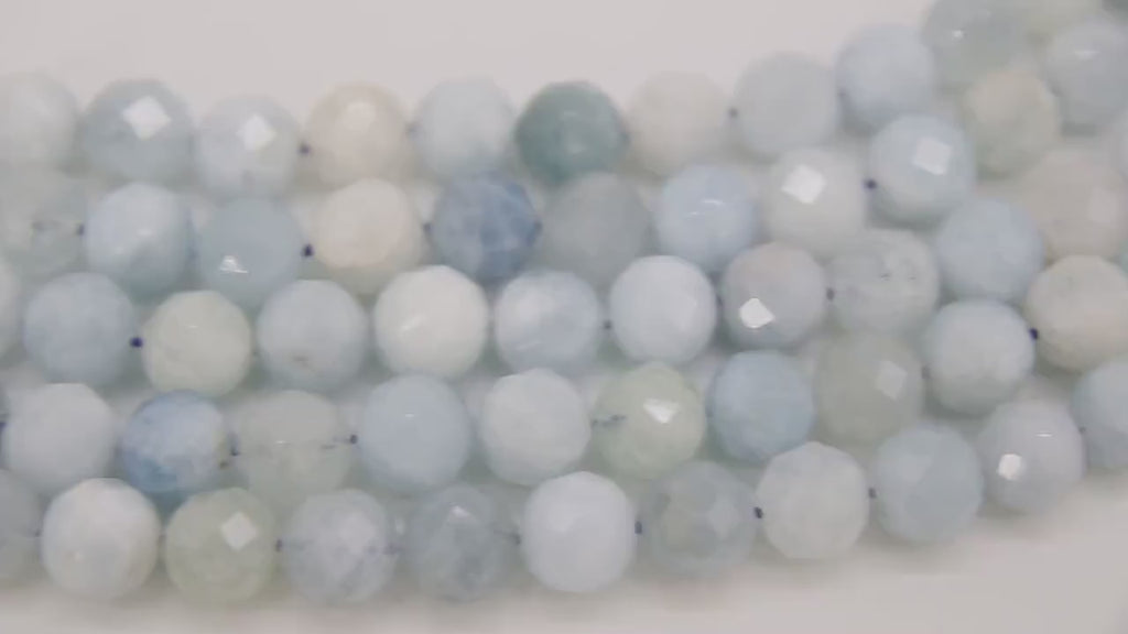 Natural Aquamarine Faceted Beads, Diamond Cut Round Light Blue and White BS #57, sizes in 6 mm 8 mm 10 mm 15.5 inch FULL Strands