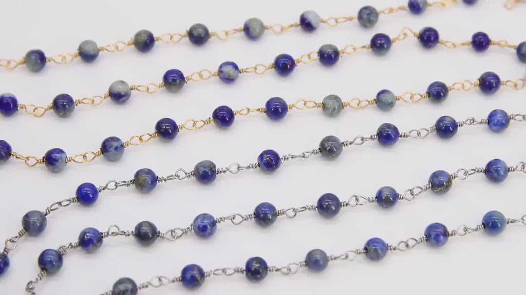 Natural Lapis Lazuli Rosary Gold Chain, 4 mm Beaded Navy Blue Unfinished Rosary Silver Chain CH# 404, By The Foot