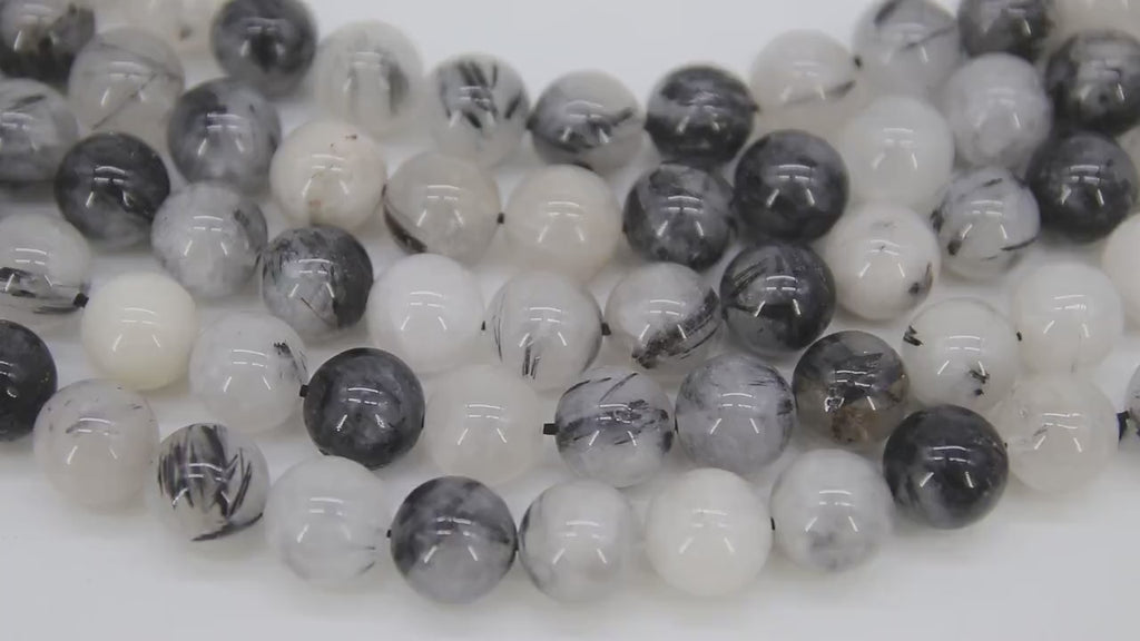 Natural Black Rutilated Quartz Beads Strands, Faceted Black and White Blended Beads BS #83, sizes in 12 mm 8 inch FULL Strands