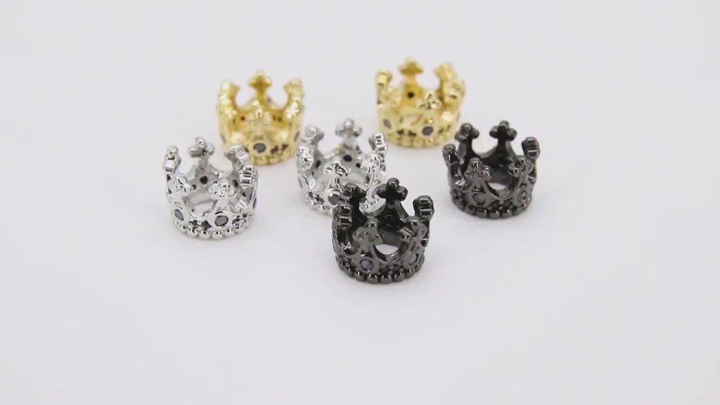 CZ Micro Pave Gold Crown Beads, Silver Crown Shaped Beads #3365, Black CZ Queen Crown Spacers