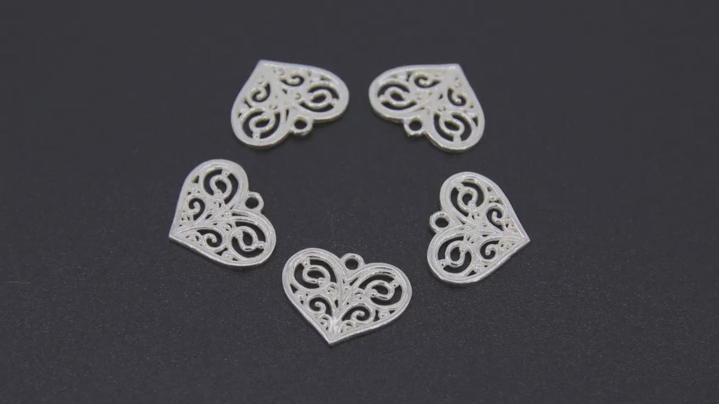 925 Sterling Silver Heart Charm, Silver Filigree Hearts # 2149, Huggie charms