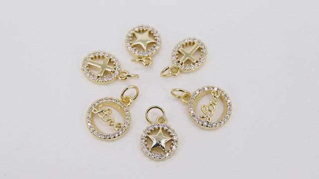 Gold CZ Love Charms, Small Star Round Charms, Mini Oval Cross Charms