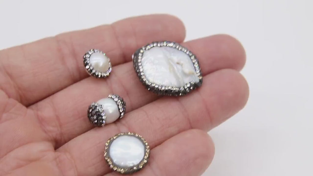 Freshwater Pearl Beads, Clear CZ Round Flat Beads #2626, Natural Shell Gold and Black Edge Rhinestone Beads