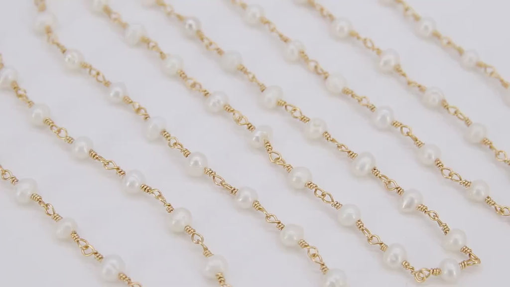 Dainty Pearl  Chain: Gold Wire Wrapped, 4mm Freshwater White Beaded Chain