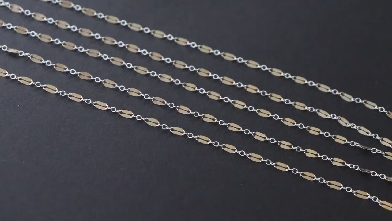 14 K Gold Filled Bar Mixed Metal Chain, 5.1 mm Two Tone 925 Sterling Silver Long and Short CH# 951, 2.3 mm Sequin Chain