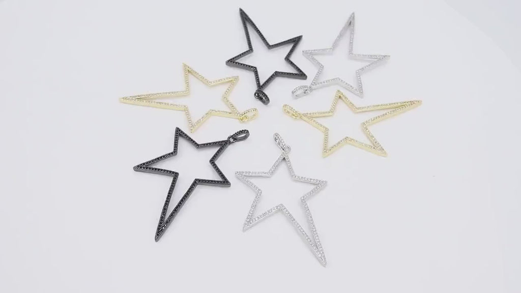 Star Crystal Charm Pendants, Gold CZ Micro Pave Large Black Starburst #791, Silver Star 45 x 61 mm