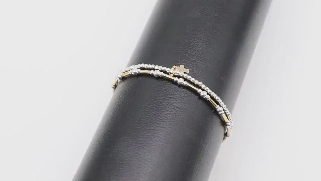 Mixed Metal Beaded Bar Bracelet, 925 Sterling Silver and  14 K Gold Filled Stretchy Cross Charms Stacking Bracelets, Handmade Bracelet