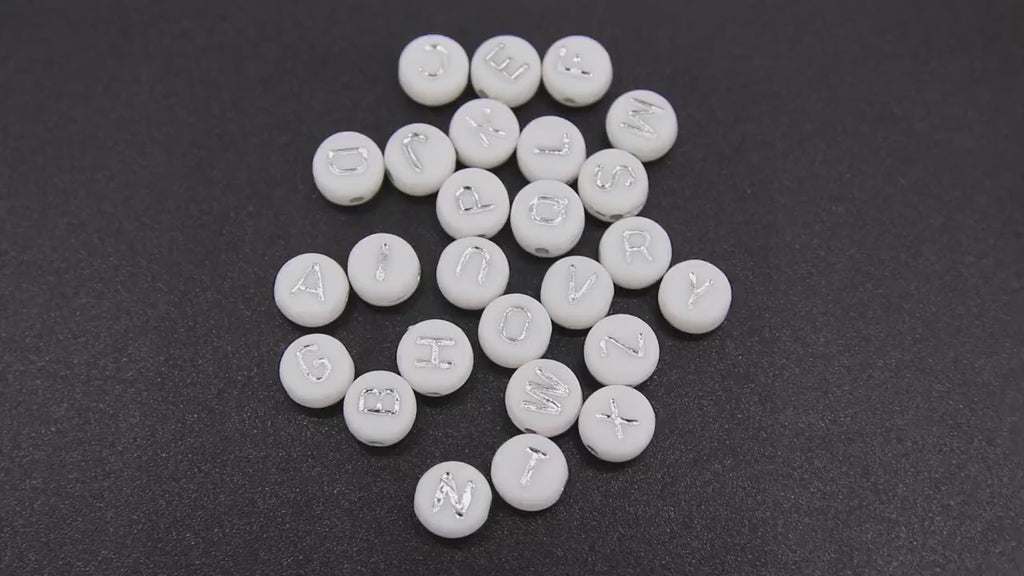 Silver Initial Acrylic Beads, Alphabet Letter in White and Silver Letters # 688, 200 Pc Flat Round Initial Bracelet beads