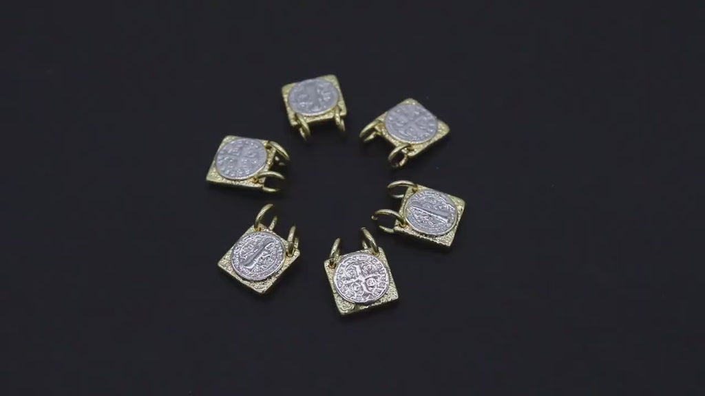 Gold St. Benito Scapular, 10 mm Cross Silver St. Benedict Rectangle Square Charms # 555, Mixed Metal Religous Medals