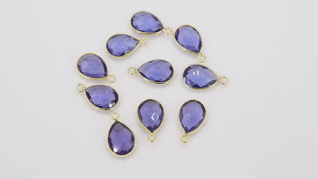 Iolite Teardrop Charms, Gold Plated Oval Gemstone Charms # 2846, Sterling Silver Birthstone Pendants