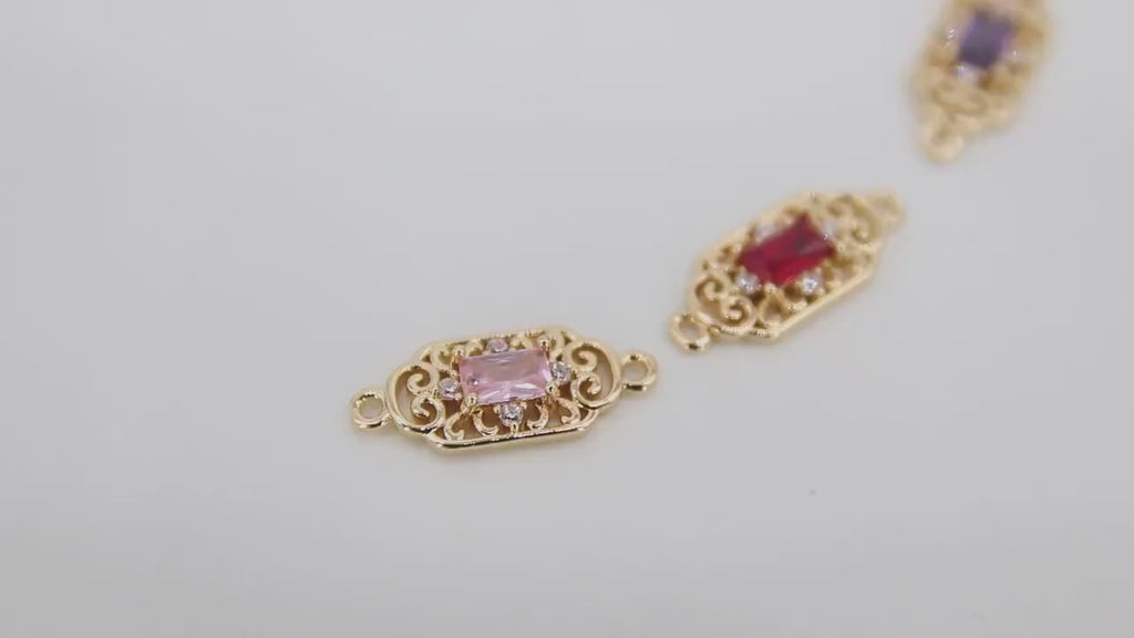 Gold Filigree Crystal Connectors, CZ Rectangle Shape Color Filigree Links #78, Red Pink Blue Mint Green Purple 7 x 17 mm