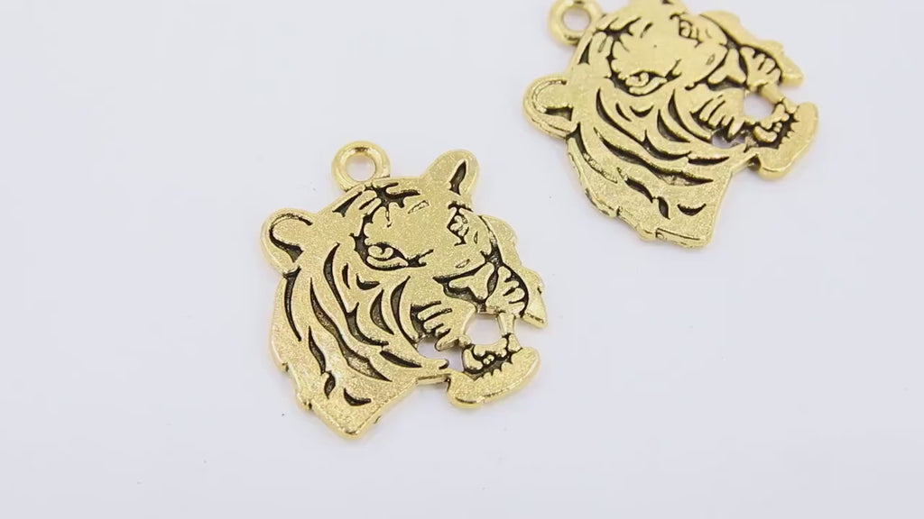 Gold Tiger Head Charm, Reversible Gold Plated Striped Tiger Head #3141, LSU Animal Head Beads Charms