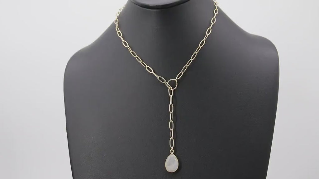 14 K Gold Filled Moonstone Paperclip Chain Necklace, Genuine Labradorite Lariat, Gold Teardrop Gemstone Drop Necklace