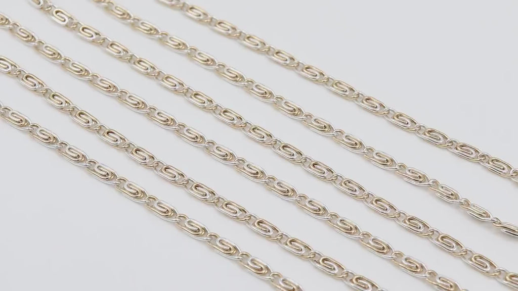 Mixed Metal Sterling Silver Bar Chain, 10 mm Sequin Chains CH# 893, 14 K Gold Filled Oval Scroll Bar