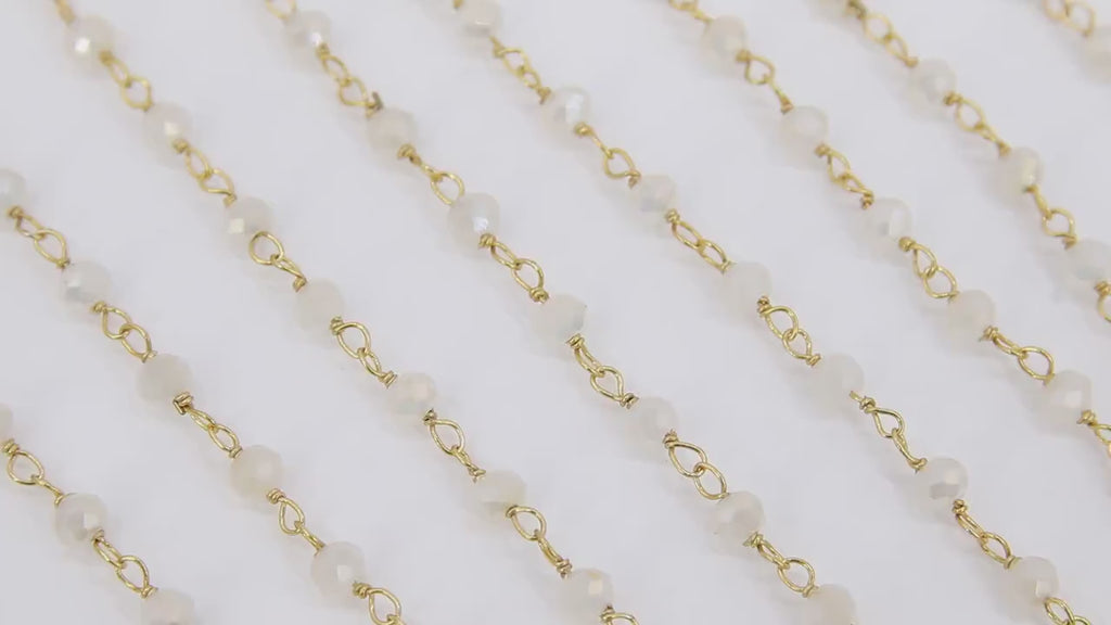 White Crystal Mystic Rosary Chain, 4 mm Gold Wire Wrapped Rondelle Beaded Chains CH #424, Jewelry Making Beaded