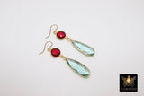 14 K Gold Aquamarine Earrings, Ruby Gemstones, Dangle Ear Wire Hooks