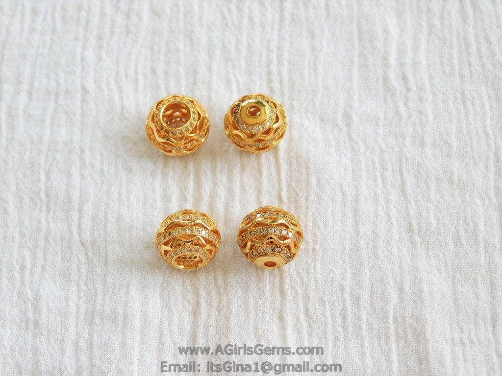 10 mm Filigree Round Micro Paved Bead, Gold Large or Small Hole Round Bead, Cubic Zirconia Paved Spacers - A Girls Gems