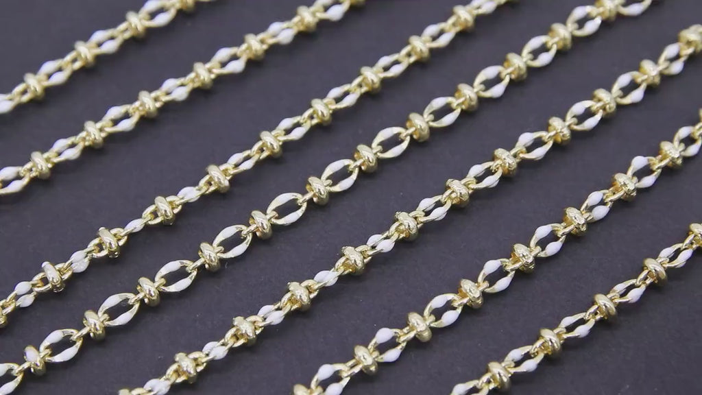 Gold Beaded Sequin Enamel Chain, White or Black and Gold Beaded Dapped Chain LK #532, By the Yard Unfinished