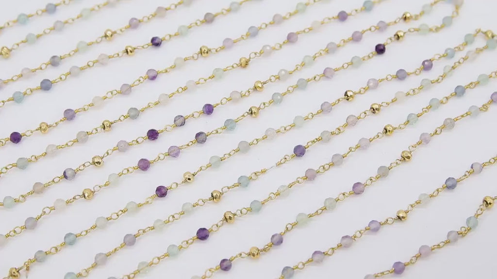 22 k Gold Natural Flourite Rosary Chain, Unfinished 4 mm Gold Pyrite Beaded Wire Wrapped RS #95, Mint Aqua Purple Diamond Cut Gemstones
