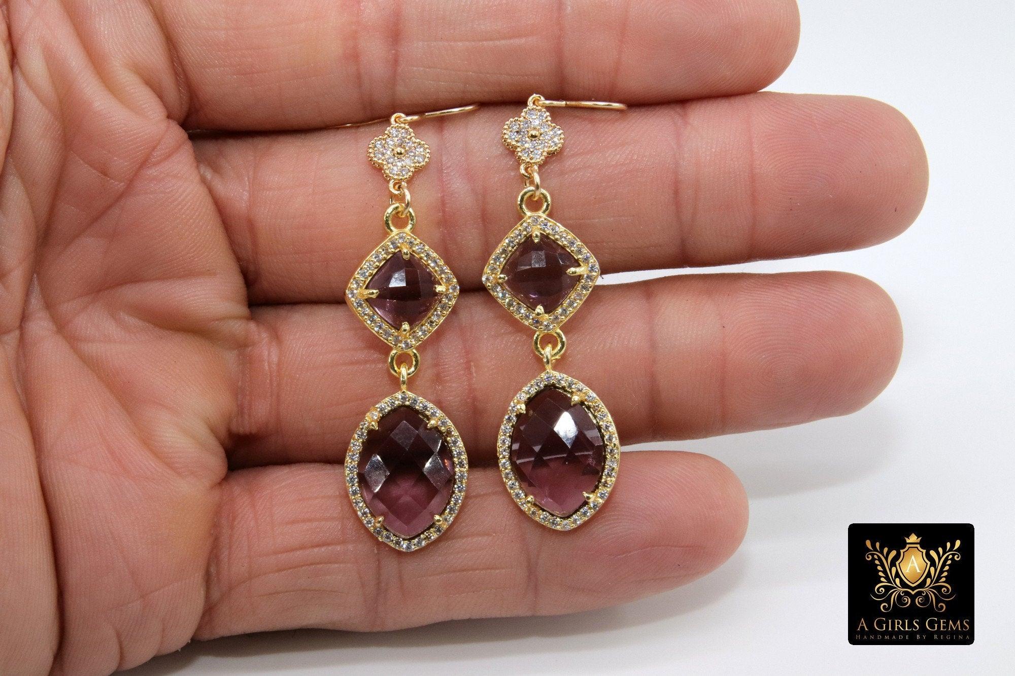 14 K Gold Amethyst Earrings, Gemstones February CZ Diamond Birthstone Dangle Clover Ear Wire Hooks, LSU Jewelry - A Girls Gems