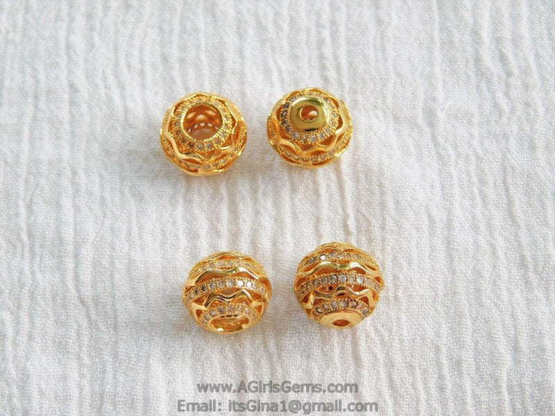 10 mm Filigree Round Micro Paved Bead, Gold Large or Small Hole Round Bead, Cubic Zirconia Paved Spacers - A Girls Gems