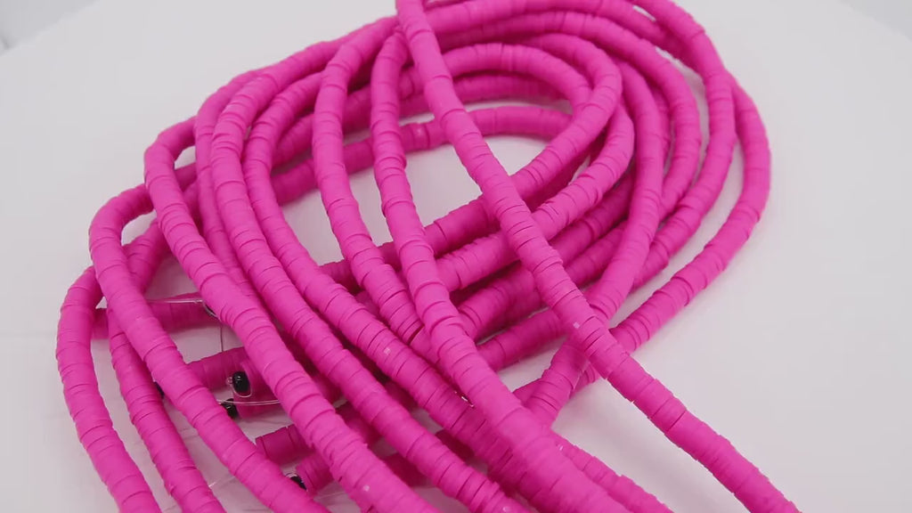 2 Strands 6 mm Clay Flat Beads, Pink Fuchsia Heishi beads in Polymer Clay Disc CB #216, Rondelle Stone Beads