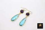 14 K Gold Blue Topaz Earrings | Amethyst Gemstones | Dangle Ear Wire Hooks