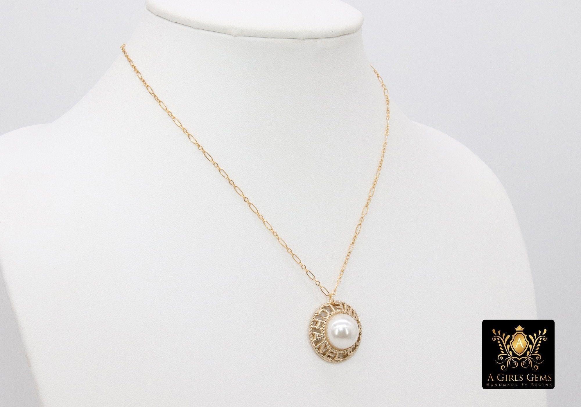 14 K Gold Filled Chain Repurposed Vintage Button Necklace, Gold Round Channel Pearl Button - A Girls Gems
