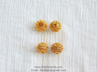 10 mm Filigree Round Micro Paved Bead, Gold Large or Small Hole Round Bead, Cubic Zirconia Paved Spacers - A Girls Gems