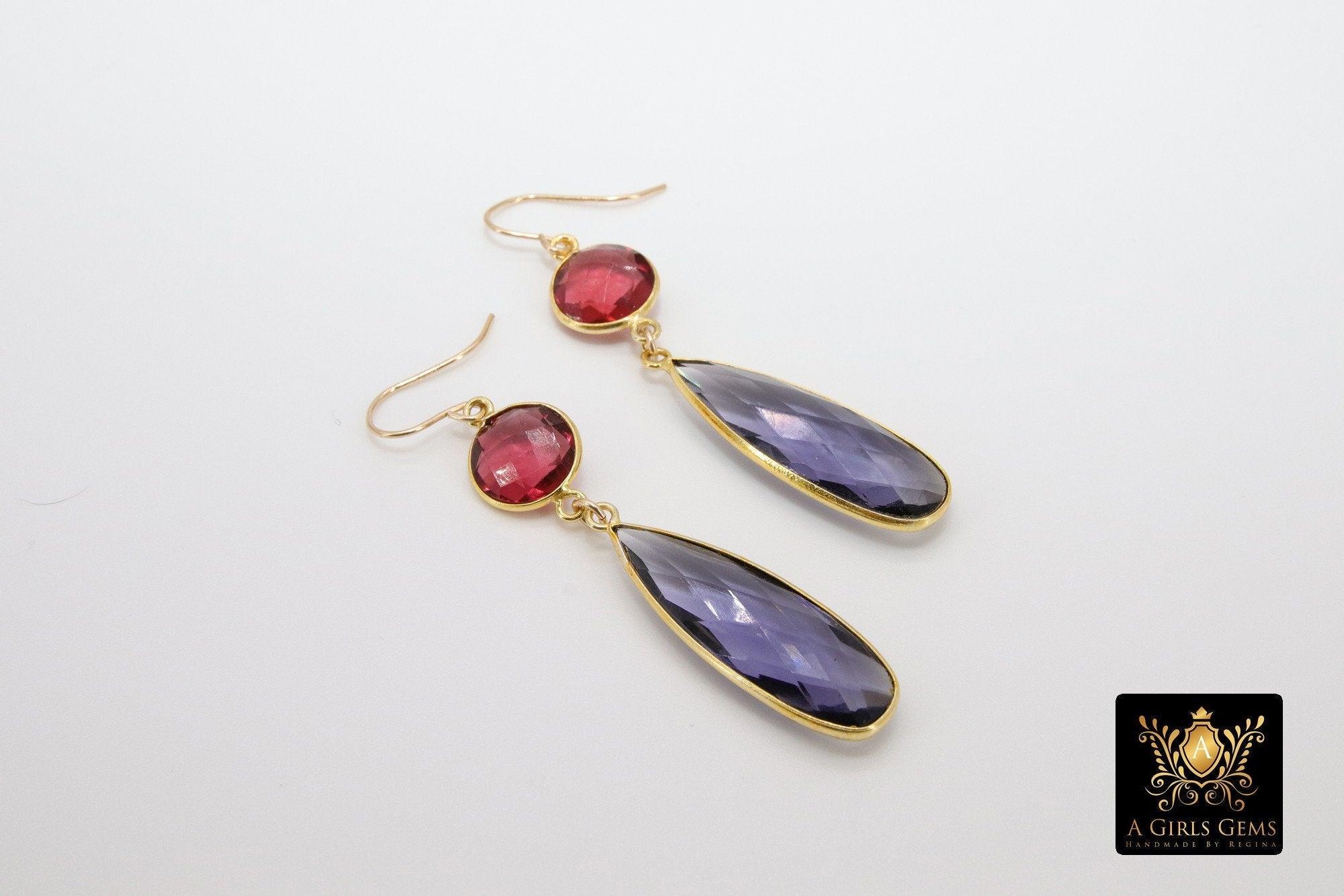 14 K Gold Aquamarine Earrings, Ruby Gemstones, Dangle Ear Wire Hooks - A Girls Gems
