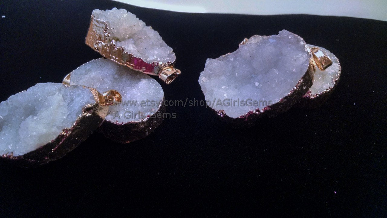 Gold Edge White Druzy Pendant, Natural Crystal Quartz Charm, Necklace Jewelry Supplies - A Girls Gems