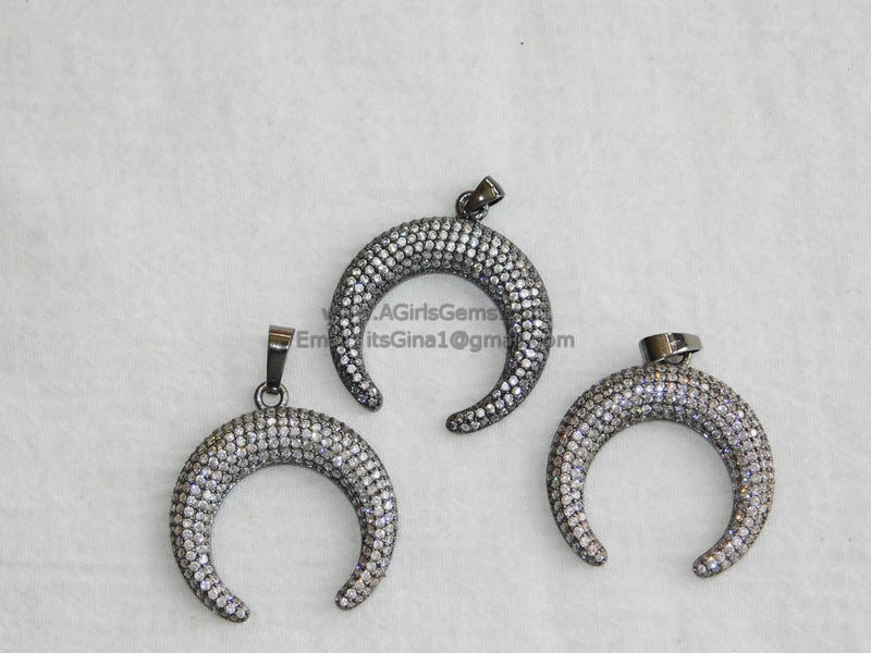 CZ Micro Pave Double Horn Pendants,Crescent Moon Charms, Cubic Zirconia Cow Horns - A Girls Gems