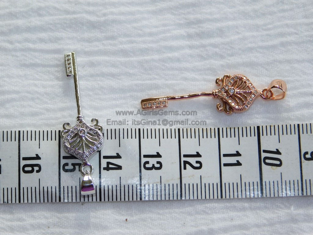 CZ Rose Gold Plated, Cubic Zirconia, Paved Key Bead #12, Key Pendant Link Key Charm Dangle Pendant for Bracelet Necklace