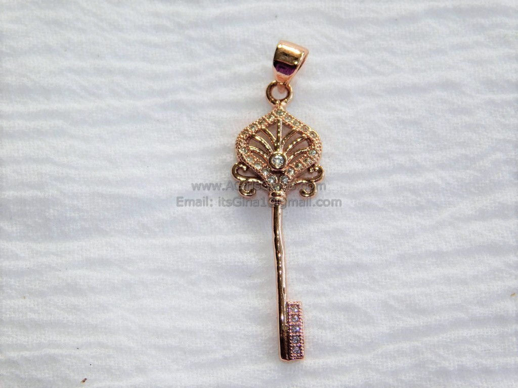 CZ Rose Gold Plated, Cubic Zirconia, Paved Key Bead #12, Key Pendant Link Key Charm Dangle Pendant for Bracelet Necklace