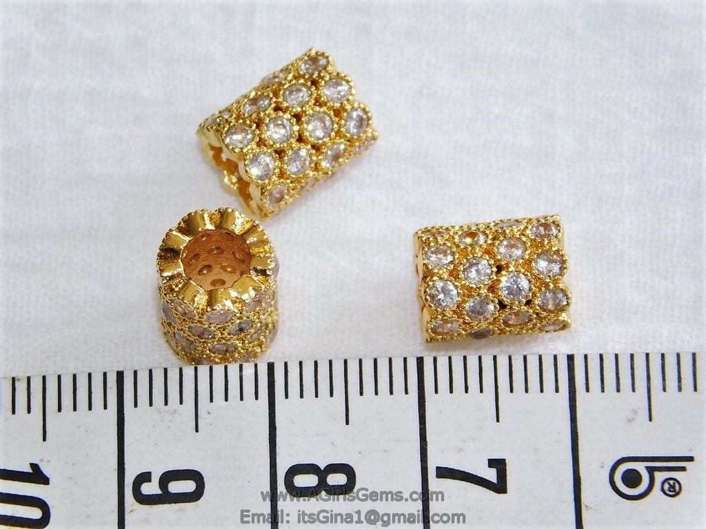 CZ Micro Pave Tube Beads, Large Hole Hexagon Honeycomb Spacer Beads #94, Gold