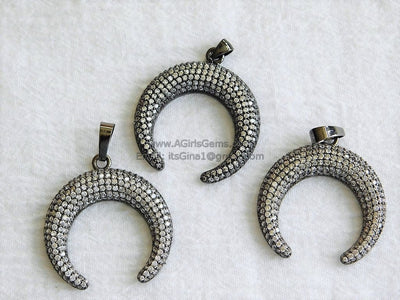 CZ Micro Pave Double Horn Pendants,Crescent Moon Charms, Cubic Zirconia Cow Horns - A Girls Gems