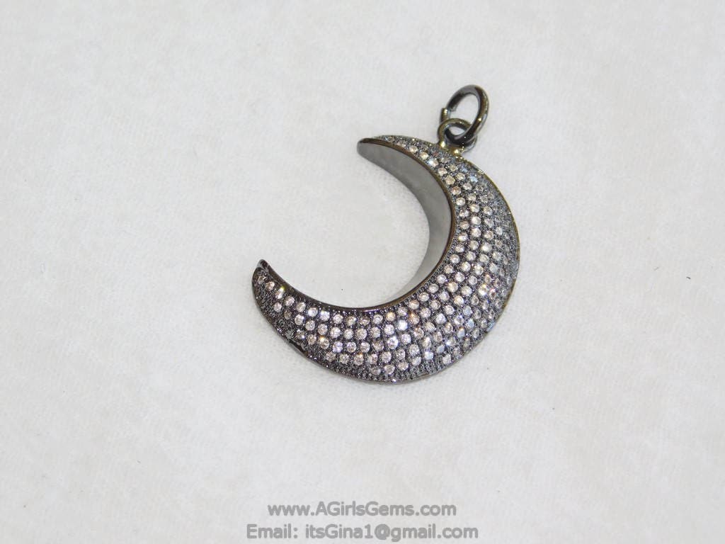 CZ Micro Pave Moon Charm, Gold or Black Rhodium Plated, Clear Cubic Zirconia Crescent Moon Pendants