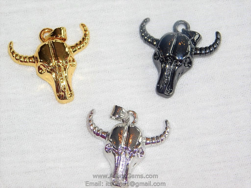 Cow Skull CZ Micro Pave Gold Plated Bull Skull Pendant Boho Cubic Zirconia Ox Longhorn Skull Cowboy Supplies Crafts Supplies Bull Skull - A Girls Gems