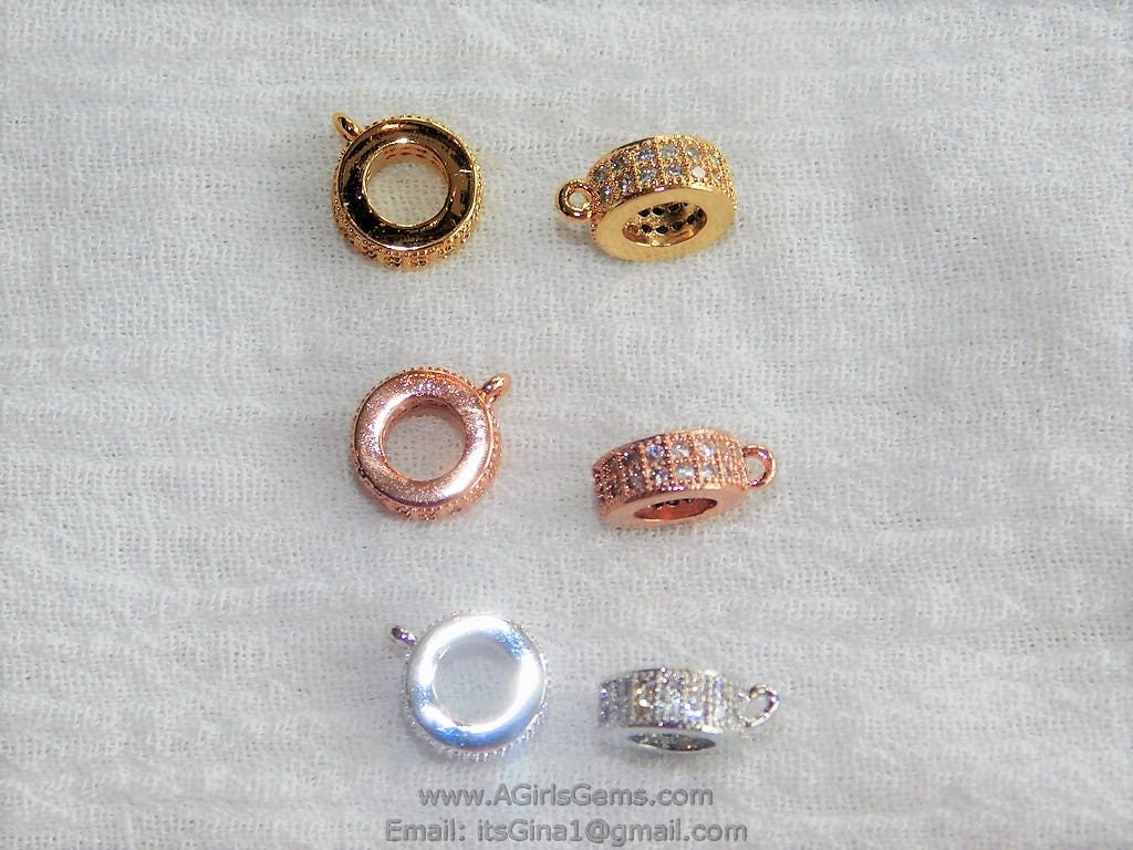 Micro Pave CZ Charm Holder Connector Rings, AG 77, Large Hole 1 Row CZS Slide Spacer Big Circle Beads