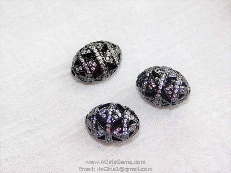 CZ Micro Pave Black Oval Bead, Clear Cubic Zirconia Focal Bead Spacers 