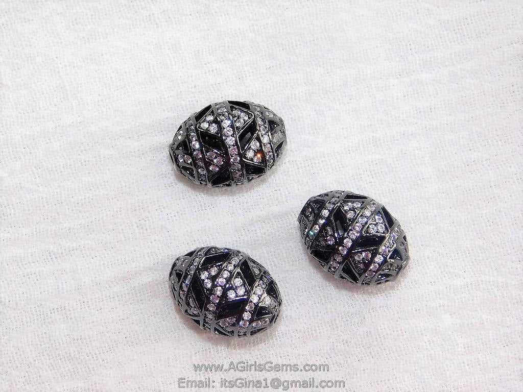 CZ Micro Pave Black Oval Bead, Clear Cubic Zirconia Focal Bead Spacers #474, sizes 11 x 16 or 14 x 18 mm - A Girls Gems