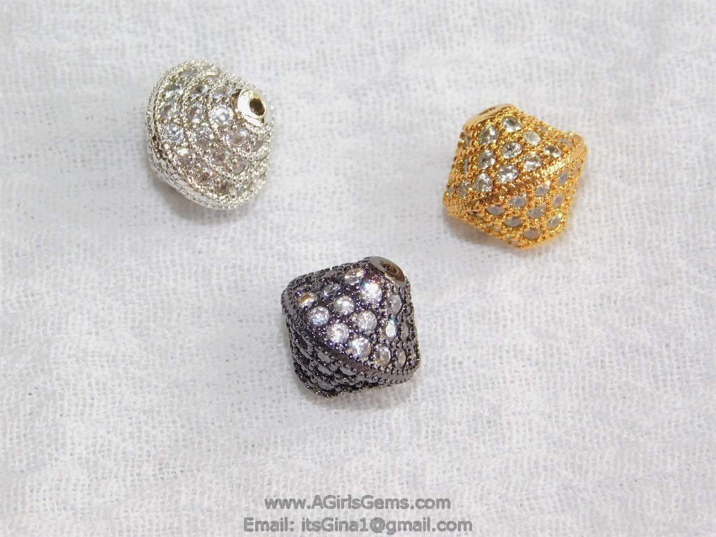 CZ Micro Pave Oval Bicone Beads, 10 mm Cubic Zirconia Spacers Beads #65, Gold Silver Black Rose Diamond Shape Beads, Links to Tassels