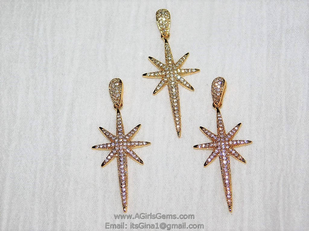 CZ Pave Silver Star Charm, Gold Starburst Cubic Zirconia Pendant #50, Rose Gold North Star for Necklace Jewelry Supplies