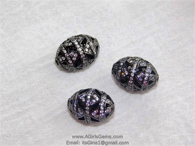 CZ Micro Pave Black Oval Bead, Clear Cubic Zirconia Focal Bead Spacers #474, sizes 11 x 16 or 14 x 18 mm - A Girls Gems