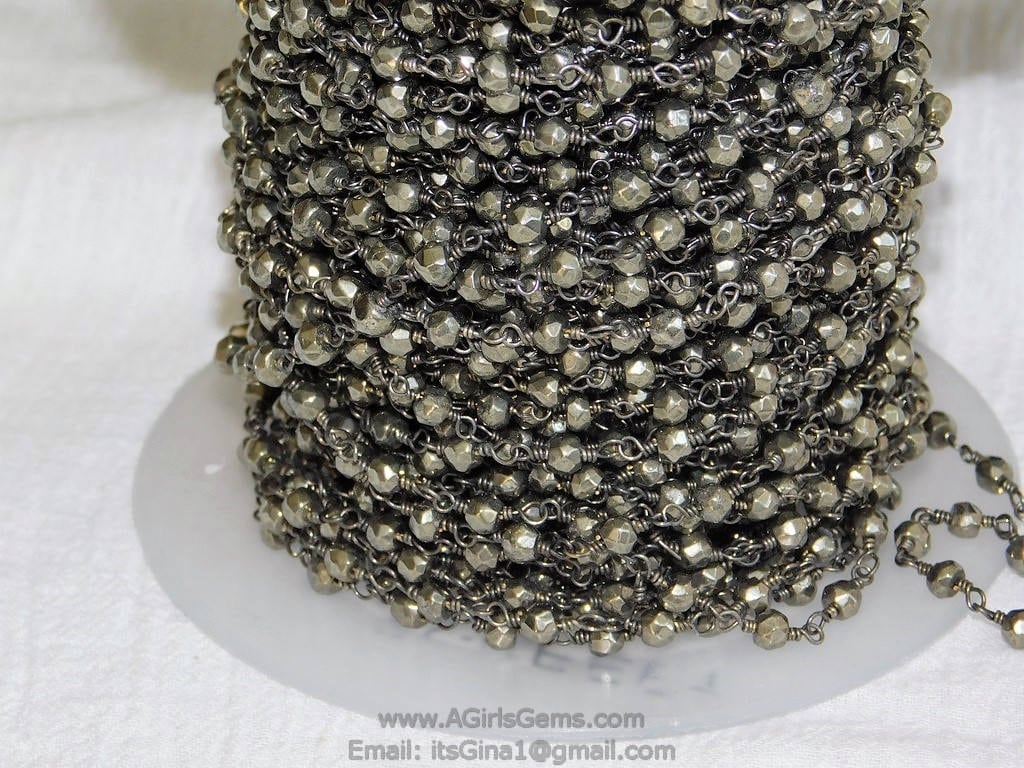 Pyrite Rosary Chain, 4 mm Natural Faceted Pyrite Bead CH #502, Quality Wire Wrapped Chains