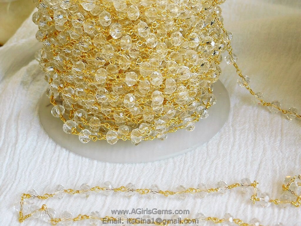 Clear Crystal Rosary Chain, 6 mm Crystal 22k Gold Plated Chain CH #323, Boho Jewelry Chains
