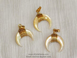 Crescent Moon Charms, Soft Yellow Natural Shell Mini Double Horn Charms, 20 mm Gold Wire Horn Boho Pendant DIY Jewelry